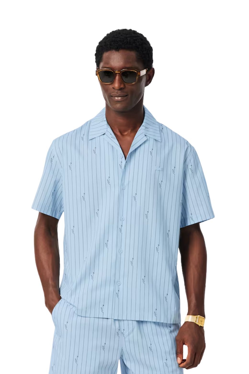 Camisa Lacoste Rayas Relaxed Print Twill Azul