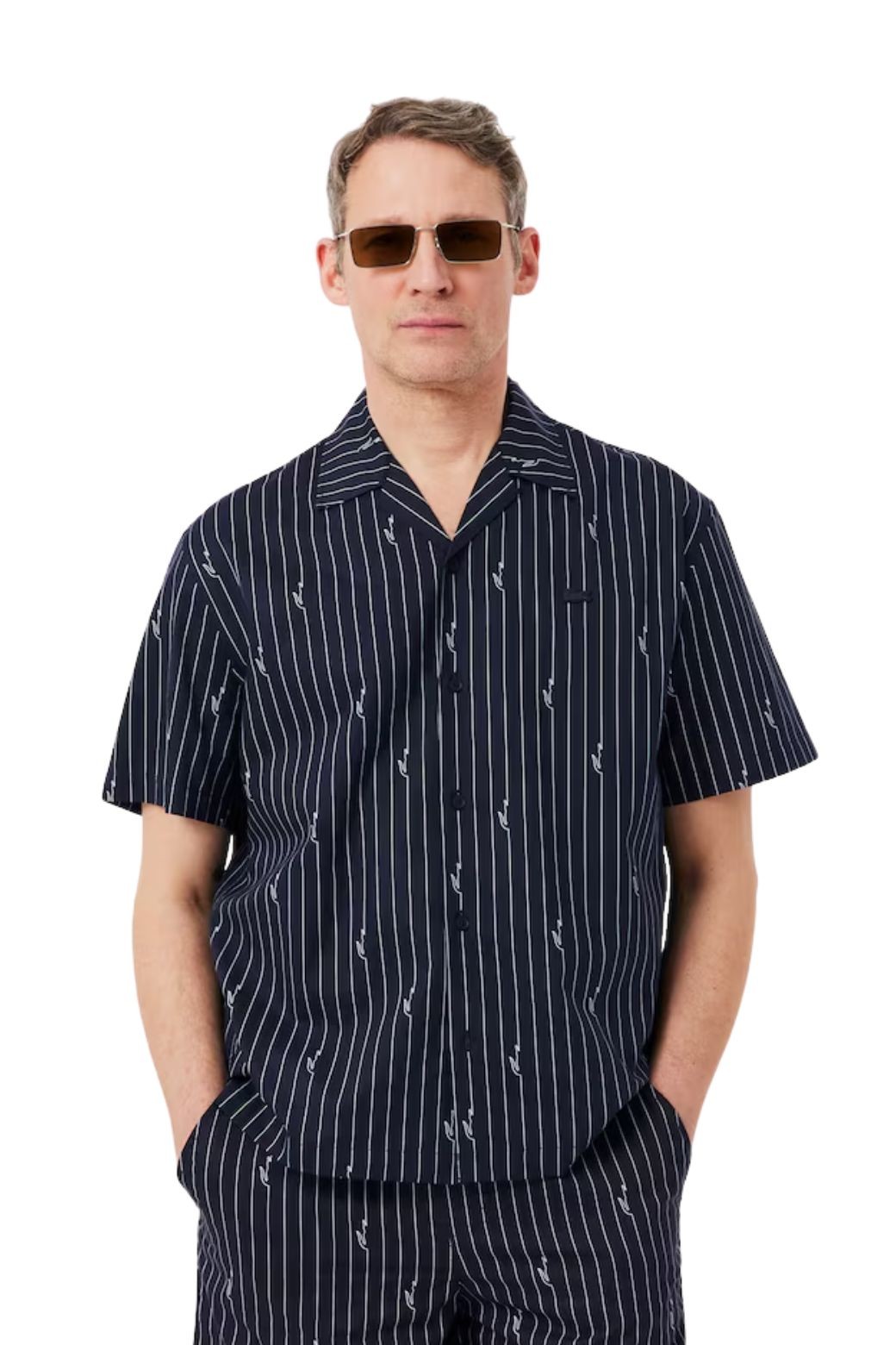 Camisa Lacoste Rayas Relaxed Print Twill Negra