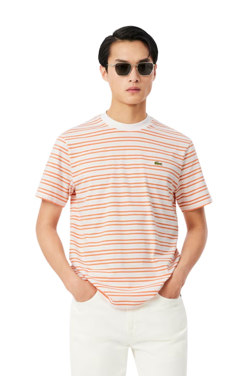 Camiseta Lacoste Rayas Naranja y Blanca