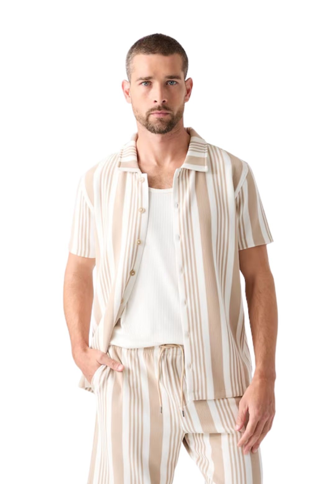 Camisa Guess Rayas Beige y Blanco